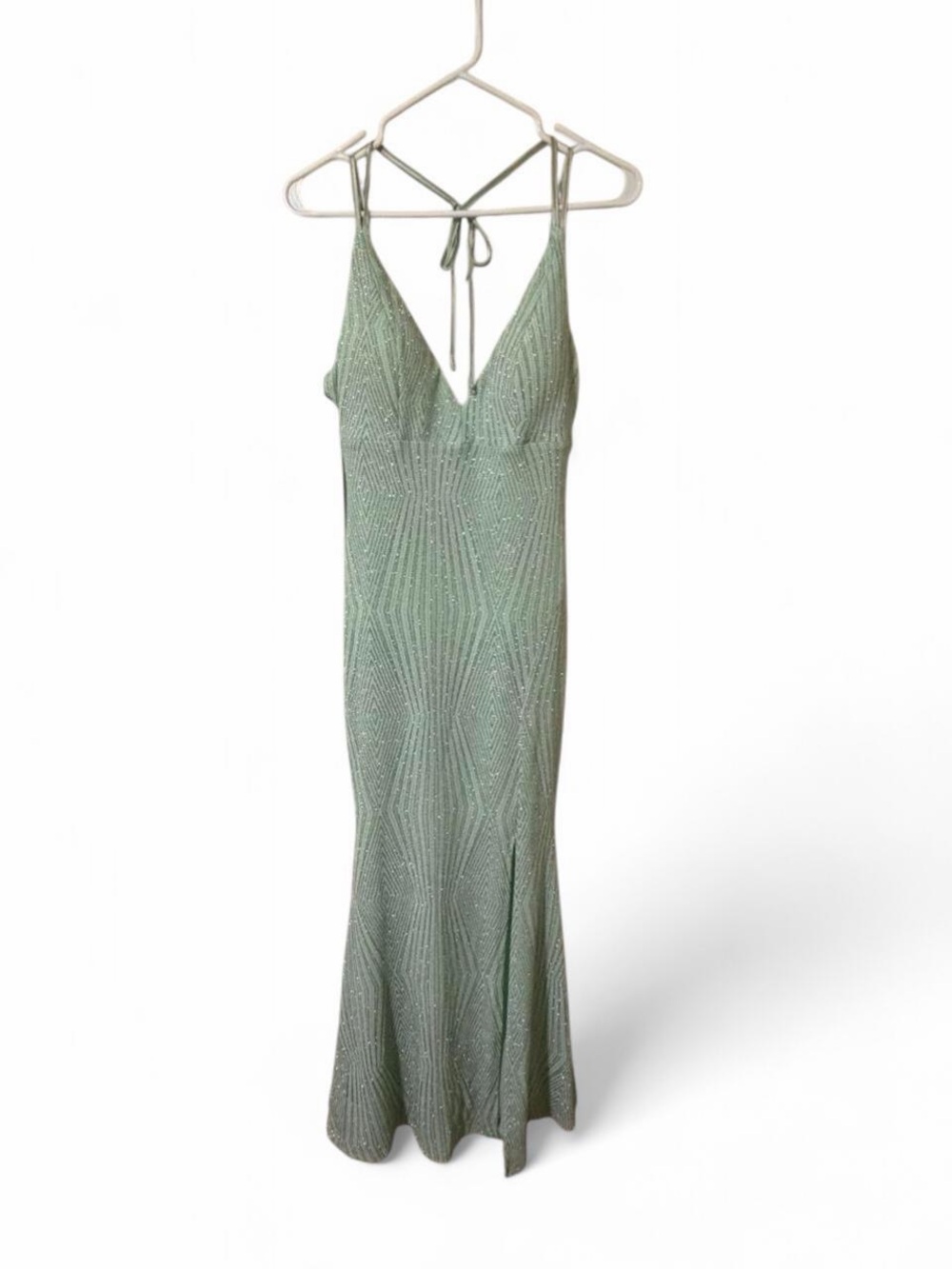 Trixxi Mint Green Beaded V-Neck Tie-Back Slip Gown